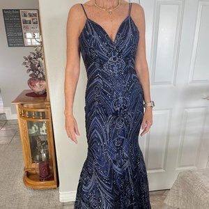 Navy & Black/Silver sequined/beaded floor length mermaid style formal dress